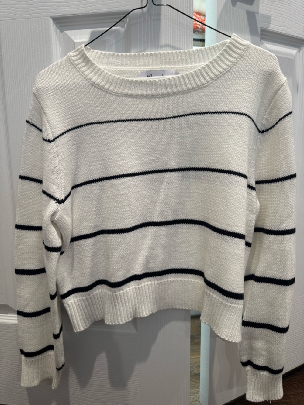 Miracle White Crewneck Sweater with Navy Stripes